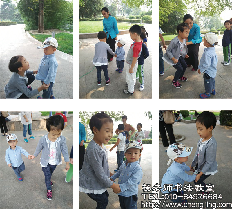  一旁路過的小弟弟，被我們的游戲活動吸引過來，熱心的同學(xué)趕緊伸出手說“來姐姐教你，拉著姐姐手，身體往上蹦”小同學(xué)熱情、認(rèn)真地當(dāng)起了小老師。